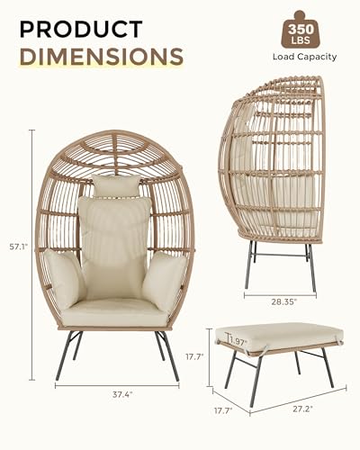 Oversize Wicker Egg Chair with 4 Comfy Cushions, Big Egg Shaped Lounger with Ottoman, Rattan Reading Chairs for Indoor Outdoor Patio Porch Backyard