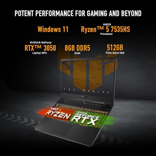 ASUS TUF Gaming A15 Gaming Laptop, 15.6” FHD 144Hz Display, NVIDIA® GeForce RTX™ 3050, AMD Ryzen™ 5 7535HS, 8GB DDR5, 512GB PCIe® Gen4 NVMe™ SSD