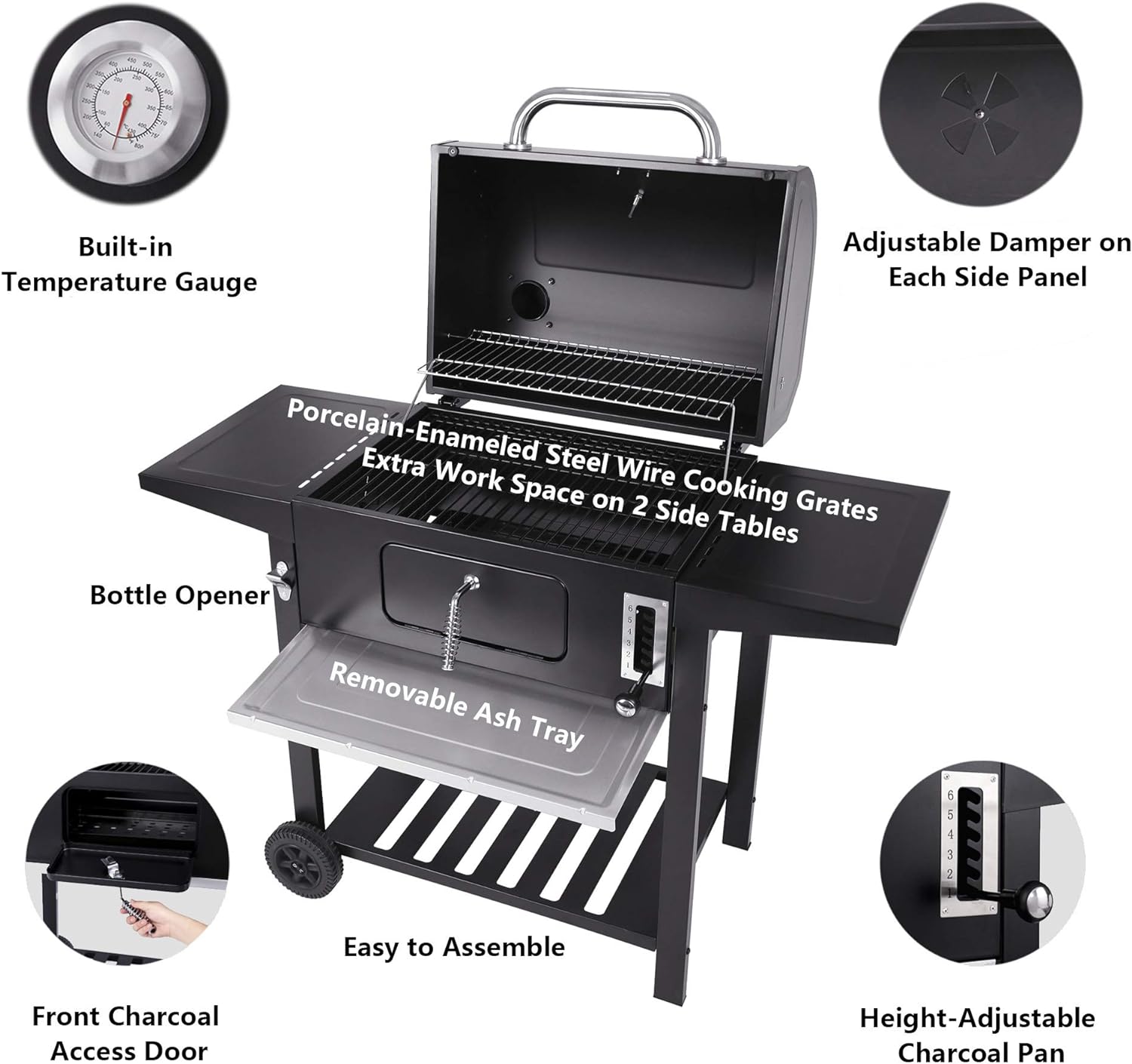 Royal Gourmet CD1824AX 24-Inch Charcoal Grill Outdoor BBQ Smoker Picnic Camping Patio Backyard Cooking, Black