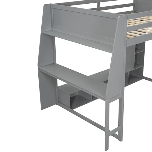 SOFTSEA Full Size Loft Bed with Desk and Storage, Solid Wood Loft Bed with Open Wardrobe and Multi-Storage Shelves