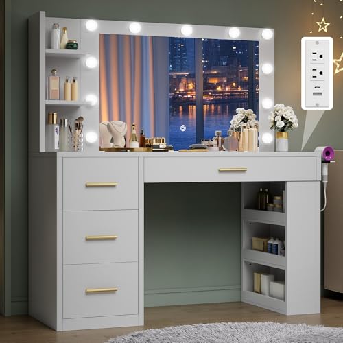 DWVO Vanity Desk with Mirror, Large Makeup Table with Power Outlets, 11 LED Bulbs, 3 Adjustable Light Modes, 4 Drawers and Built-in Shelves