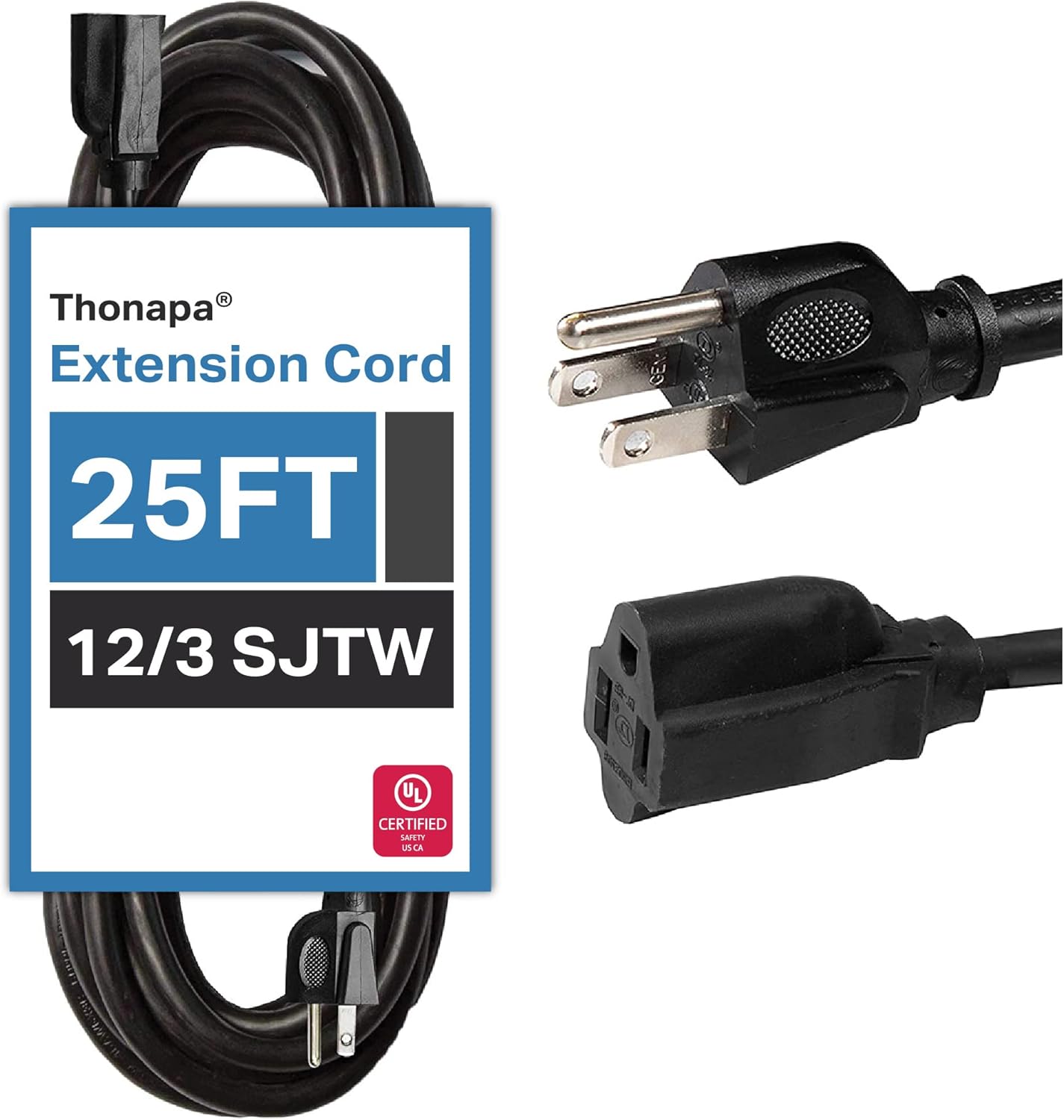 Thonapa 12/3 Heavy Duty Lighted Outdoor Extension Cord - Yellow Cable with 3 Prong Grounded Plug for Safety (25 Ft - SJTW)