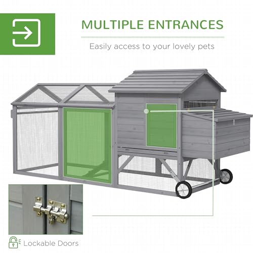 PawHut 96.5" Chicken Coop Wooden Hen House Poultry Cage Pen Portable with Wheels and Nesting Box, Chicken Cage for Backyard Outdoor, Natural