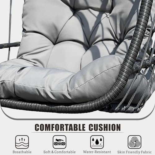 HWB Hanging Egg Chair with Stand, Patio Wicker Hammock Egg Swing Chair with Cushion for Bedroom Garden Indoor Outdoor (Beige)