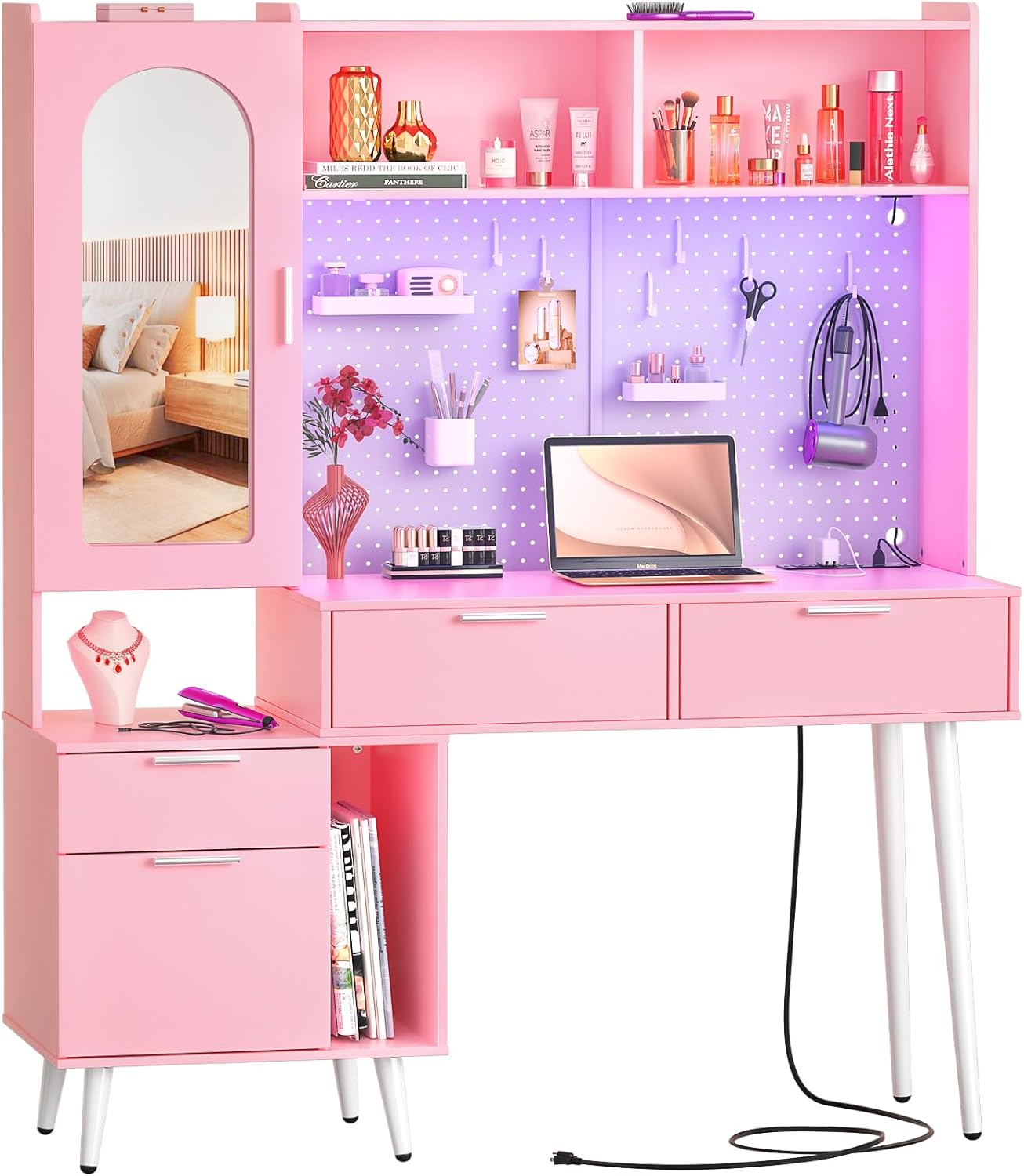 Homieasy Vanity Desk with Mirror & LED Light & Charging Station, 48 Inch Large Makeup Vanity with Ample Storage, Vanity Table with Drawers, Cabinet