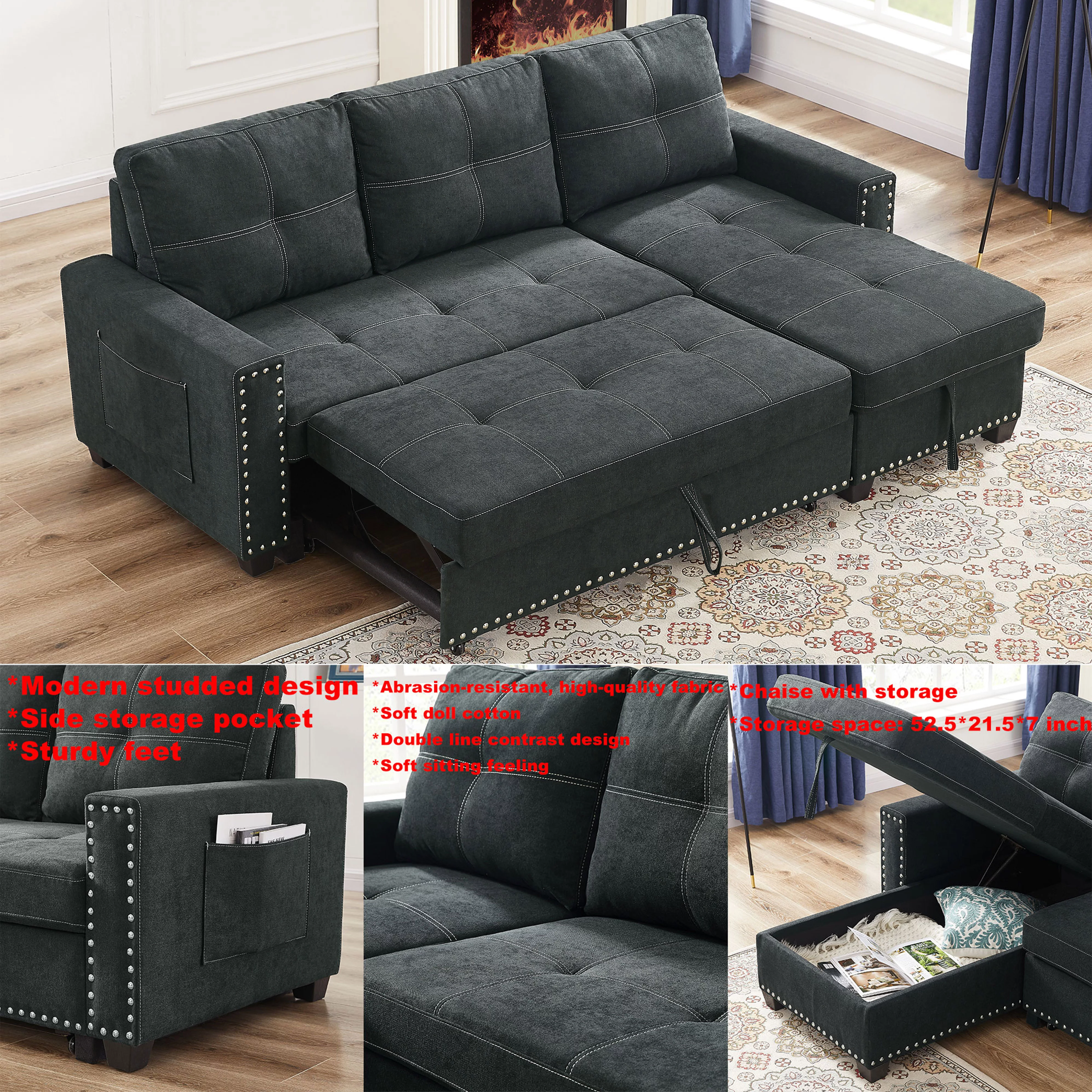 Muumblus 82" Sleeper Sofa Bed Reversible Sectional Couch with Storage Chaise, Modern Queen Size Convertible Pull Out Sofa Bed for Living Room