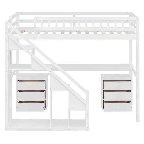 Modern Full Size Gaming Loft Bed with Built-in Desk and Storage Wardrobe, Wood Loft Bed Frame with Light Strip and 2 Drawers