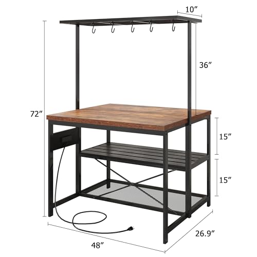 Kitchen Island with Storage, Bakers Rack with Power Outlet, Island Table for Kitchen,3 Tier Microwave Stand Oven Shelf,Large Coffee Bar Table