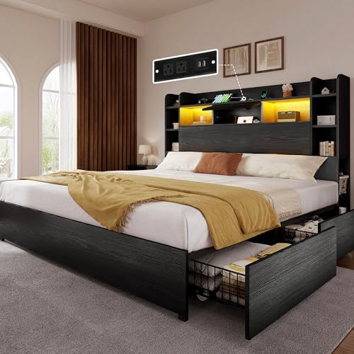 YITAHOME Queen Bed Frame with Bookcase Headboard and 4 Storage Drawers, RGB LED Bed Frame with Type-C & USB Charging Station Storage Headboard Bed