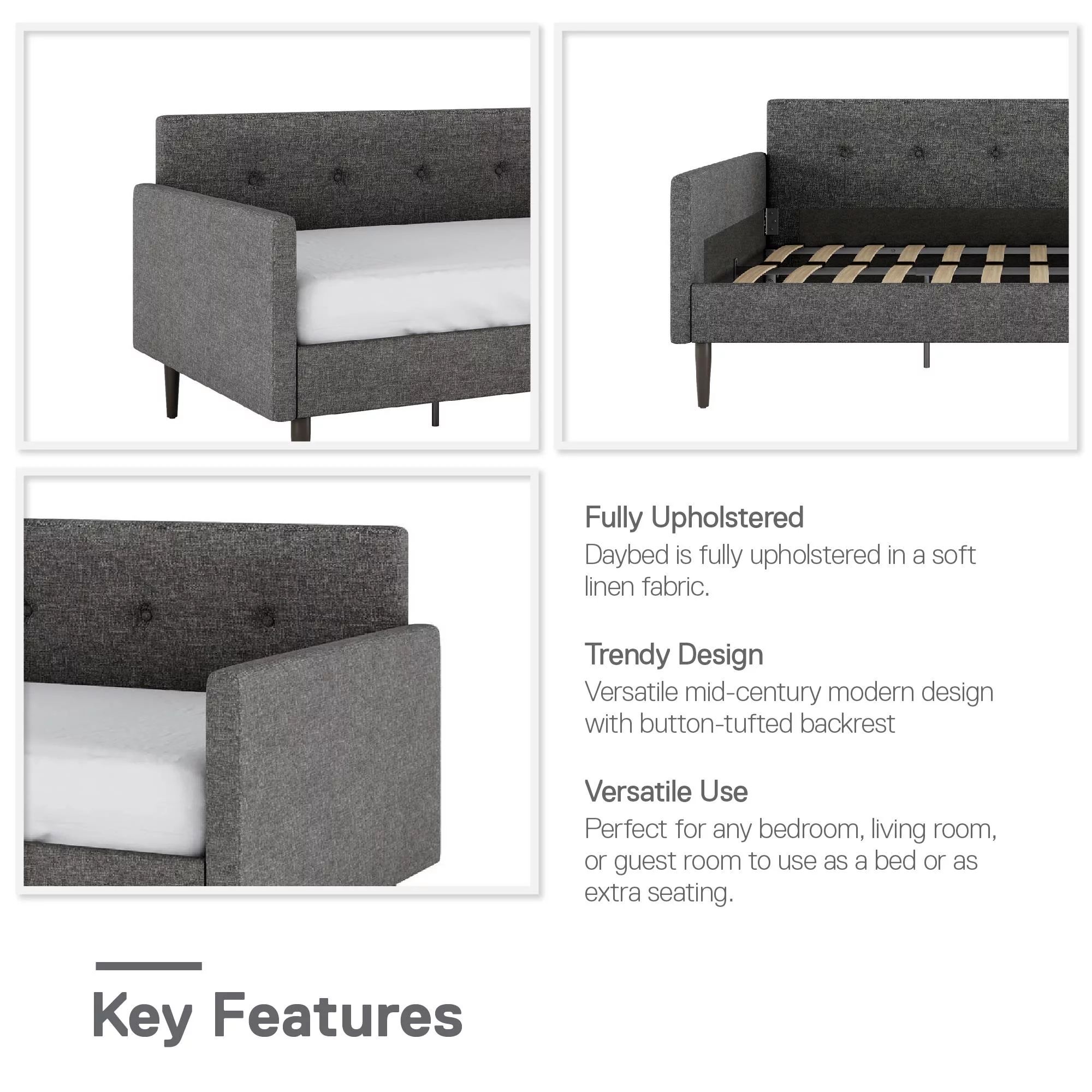 Queer Eye Wimberly Upholstered Daybed, Twin Size, Gray Linen