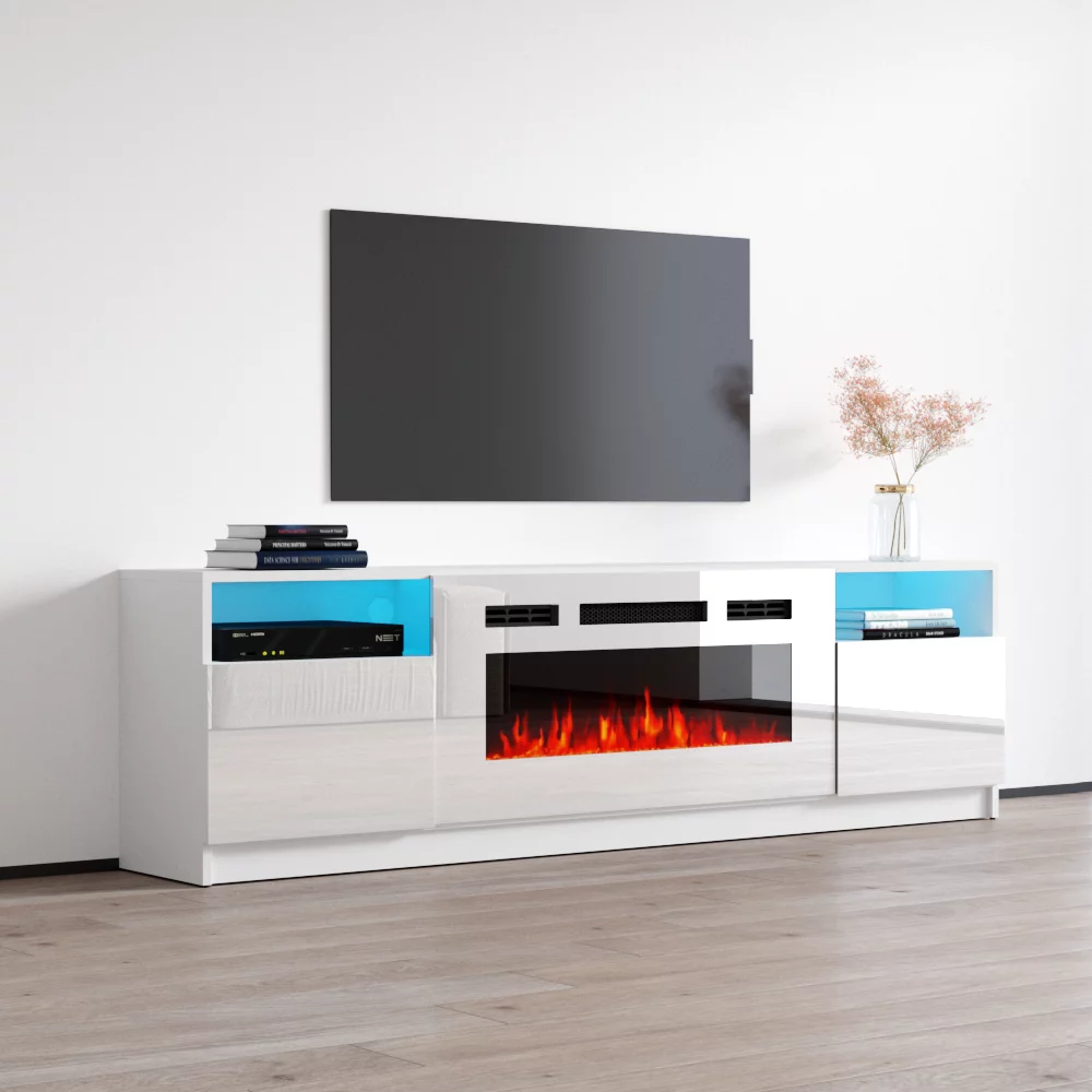 York WH02 Fireplace TV Stand for TVs up to 90", Modern High Gloss 79" Entertainment Center