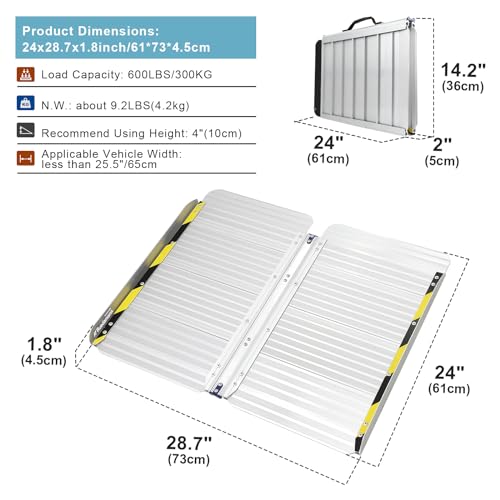 Ruedamann Aluminum Folding Threshold Ramp, 600 Pound Capacity, Anti-Skid Pad, Webbing Handle, Anti-Collision Mute Pad for Wheelchairs, Steps, Stairs