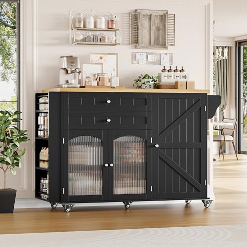 FINETONES Kitchen Island with Storage, Rolling Kitchen Island on Wheels with Wood Drop Leaf Countertop