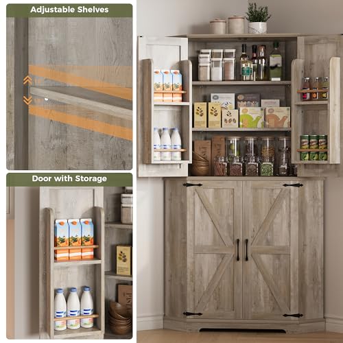 IRONCK Corner Cabinet, 72" Kitchen Pantry Cabinet, 6-Tier Farmhouse Pantry with 4 Adjustable Shelves, 240° Swivel Doors, 2 Doors Storage