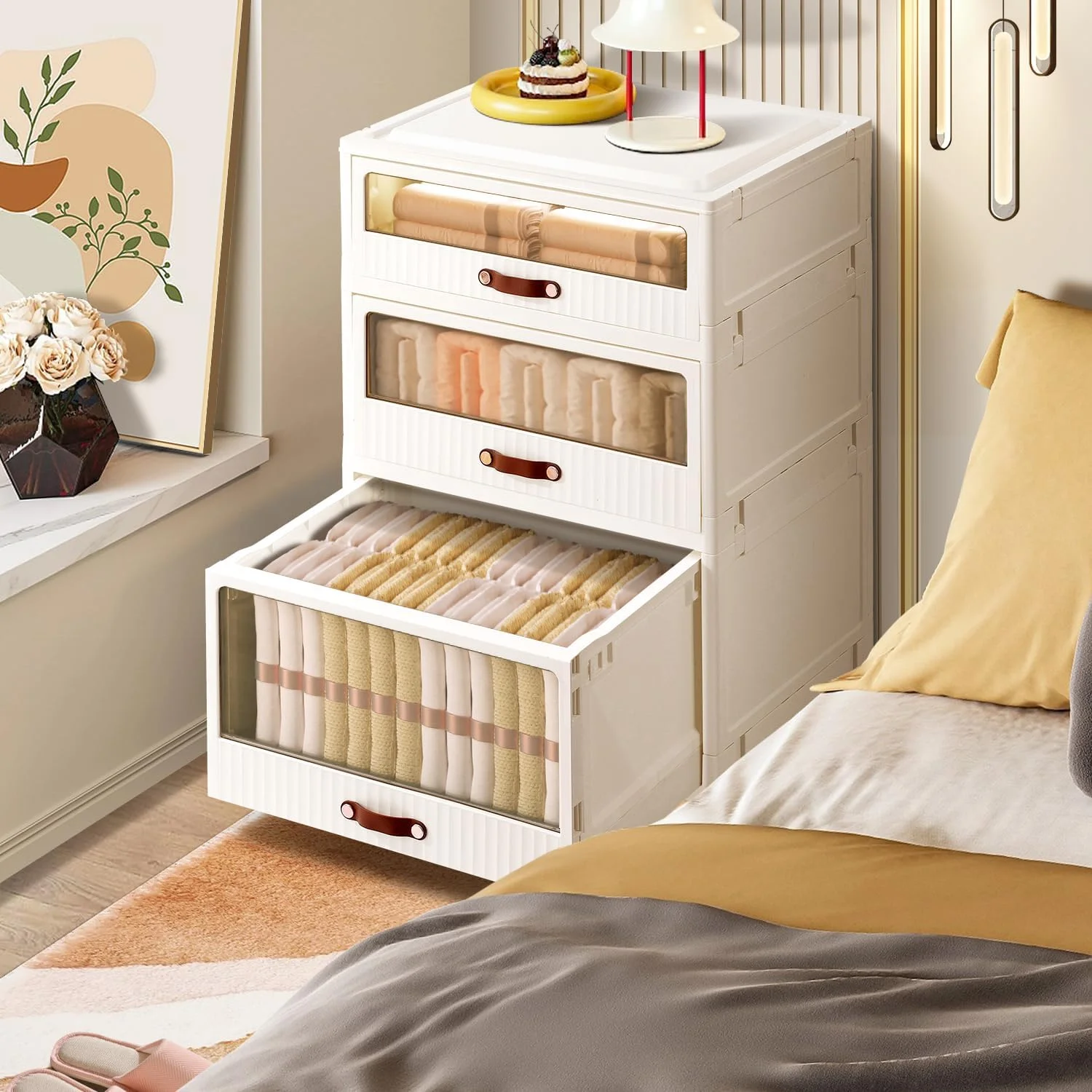 5 Drawers Dresser for Bedroom with Doors Storage Closet Folding Plastic Chest Vertical Drawer Storage Tower Stackable Clear Tall Dressers Small