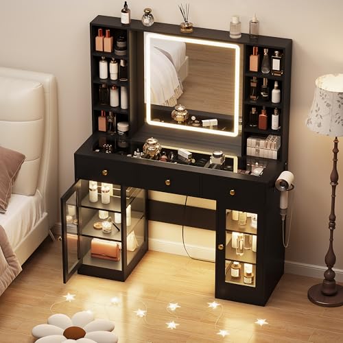 White Vanity Desk with Mirror and Lights, Glass Top Vanity with Lighted Mirror & RGB Glass Cabinet and 3 Drawers