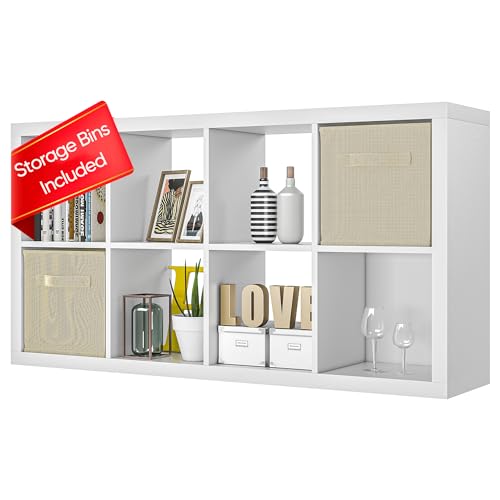 9 Cube Storage Organizer White, Wood Cube Storage with Bins, Modern Open Bookcase, Multifunctional Display Organizing Shelves for Living Room