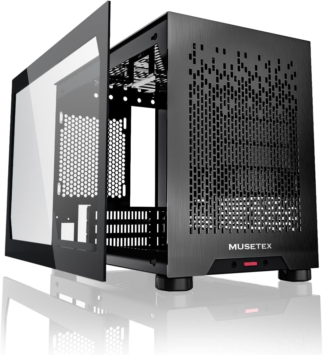 MUSETEX Mini-ITX PC Case, Tempered Glass Computer Gaming Case Small Compact, Aluminum Metal Brushed Texture Vented Panel, Black, T2