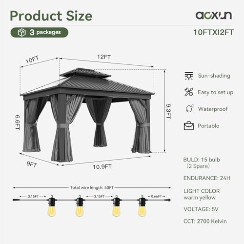 Aoxun 10' X 12' Hardtop Gazebo, Aluminum Outdoor Gazebo with Galvanized Steel Double Top Canopy