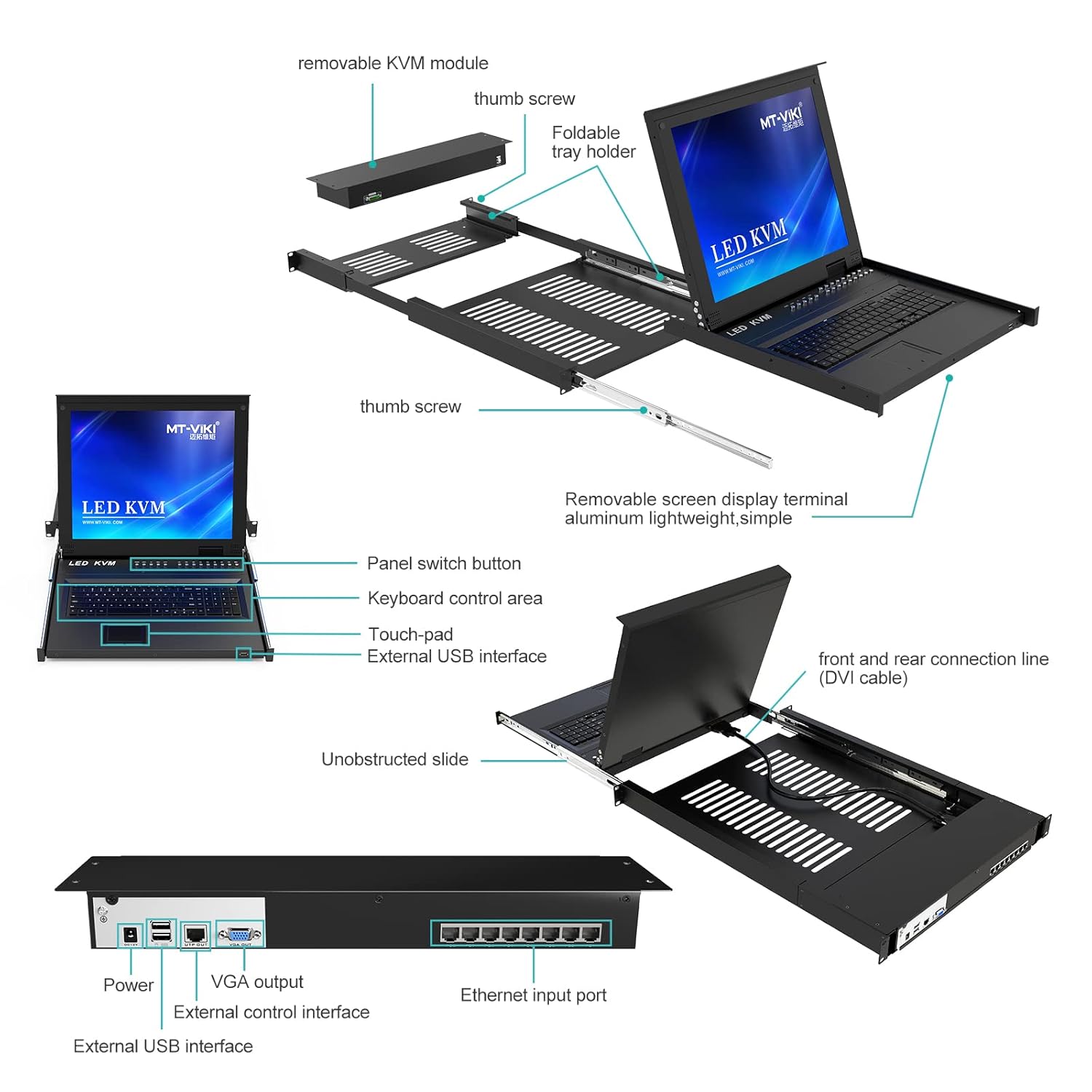 Cat6 LCD KVM Console 8 Port, MT-VIKI 1U 17'' Rack Mount KVM Switch Over Cat 5e, Local Access, Included 8 Packs VGA CAT5e Dongle