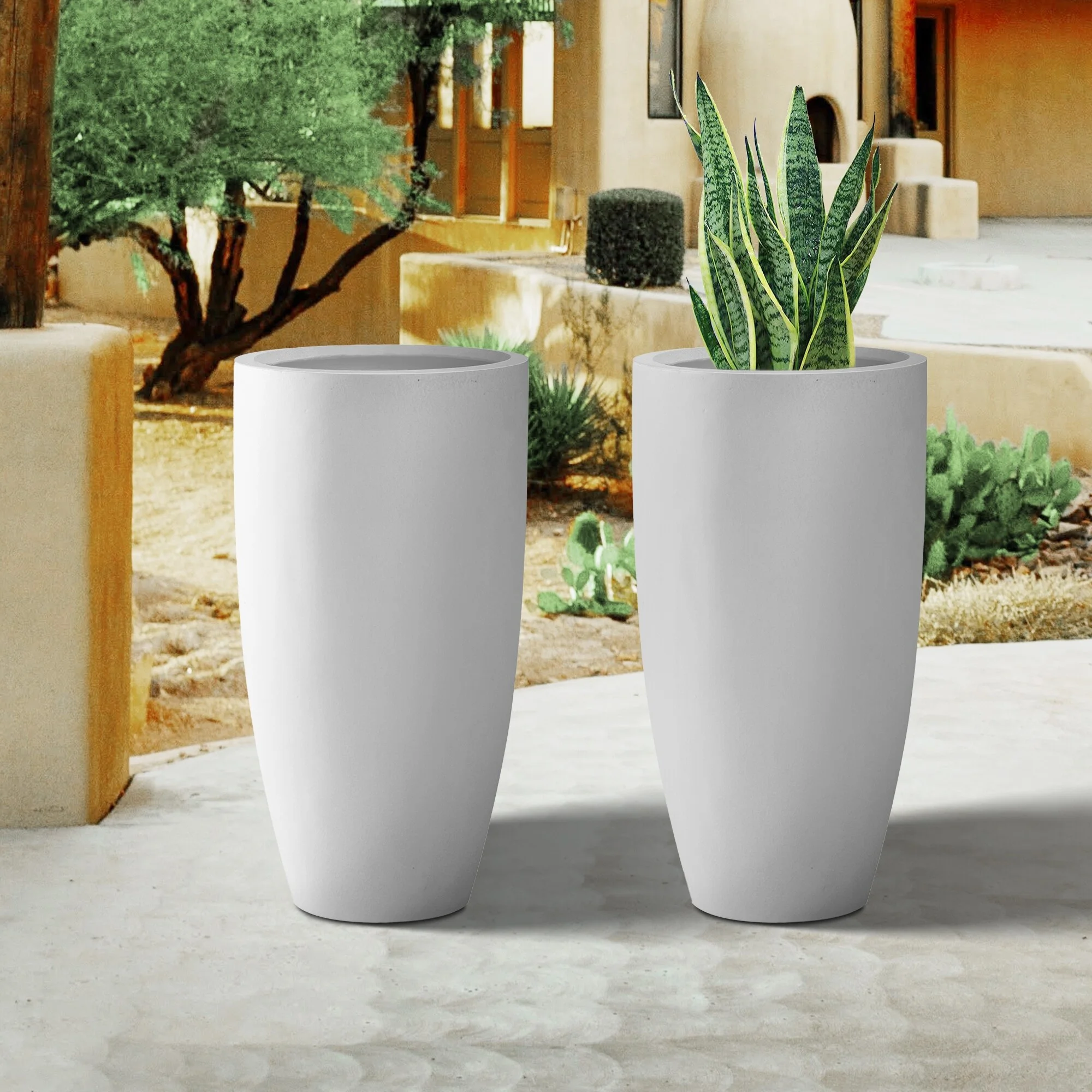 Plantara 24" H Concrete Tall Solid White planter(Set of 2), Large Outdoor Plant pot, Modern Tapered Flower pot for Garden