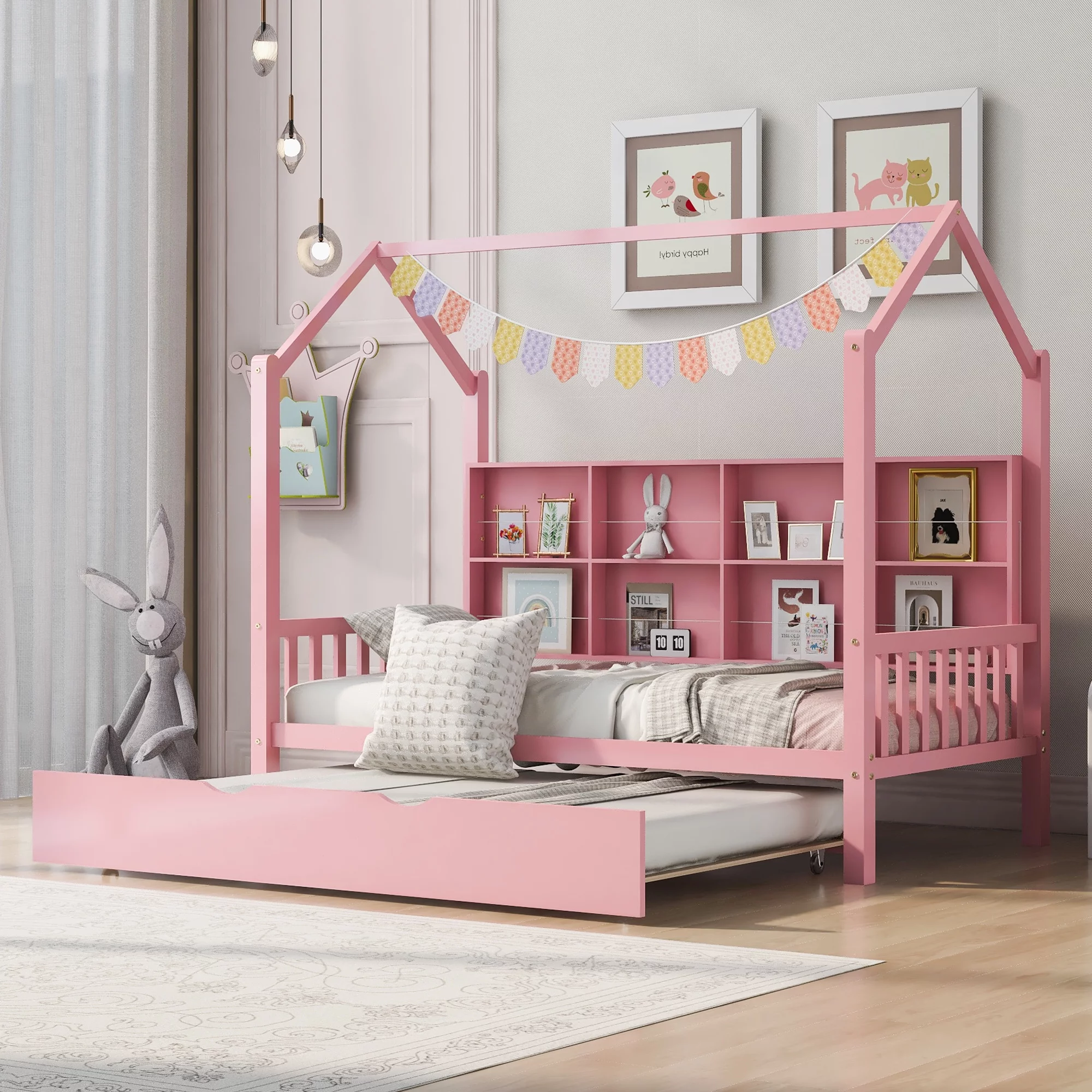Swivelife Wooden Twin Size House Bed with Trundle,  Kids Bed with Shelf for Kids Room, Pink