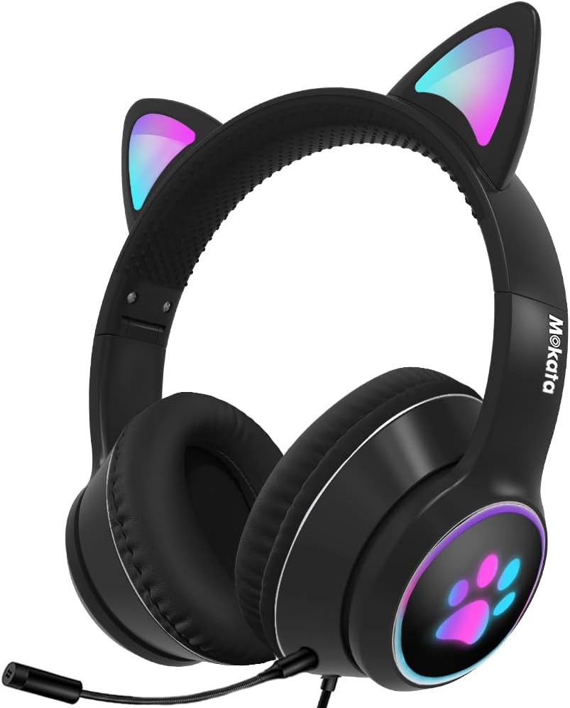 Mokata Gaming Headphone Wired AUX 3.5mm Over Ear Cat LED Light Fit Adult & Kids Foldable Stereo Headset Earmuffs with Microphone for PC PS4 Game