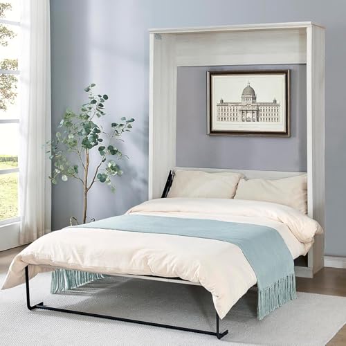 MERITLINE Queen Size Murphy Bed with Storage Bookcase Shelves,Cabinet and Charging Station,Wood Folding White Murphy Wall Bed