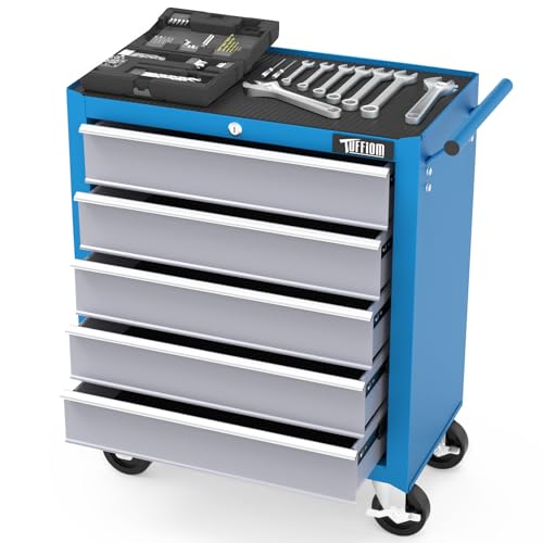 TUFFIOM 5-Drawer Rolling Tool Chest w/Drawers & Lock, Tool Storage Cabinet with Lockable Wheels, Top Cushion & Drawer Liners