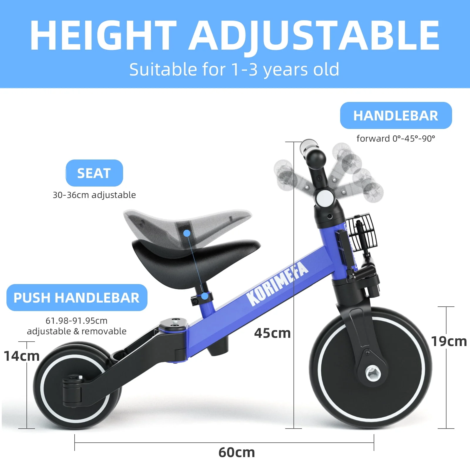 KORIMEFA Toddler Bike with Push Handle,Tricycles for 1 to 3 Years Old, Toddler Tricycle with Push Handle for Boy Girl, Baby Bike Balance Bike