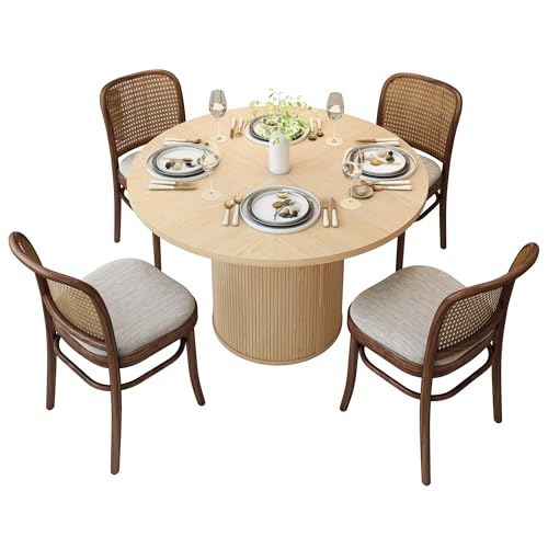 47 inch Round Dining Table for 4, Kitchen Table Dinner Table with 2-Layer Storage Shelf and Wood Slide Door for Home Dining Room Living Room (Walnut)