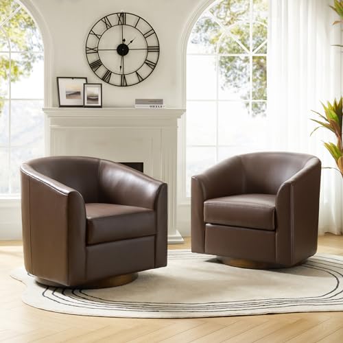 HULALA HOME Swivel Barrel Chair Set of 2, Genuine Leather Swivel Accent Chair with Solid Wood Base, Round Barrel Chair for Living Room & Bedroom