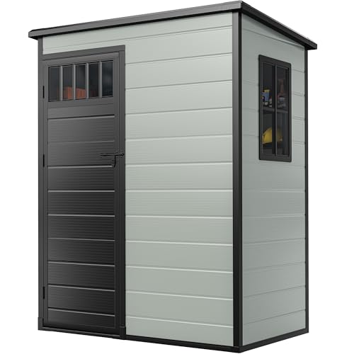 DWVO 6x4.4 FT Resin Storage Shed with Fence-Style and Side Windows, Lockable Door, and Vents for Garden, Backyard, Patio, Lawn, Brown