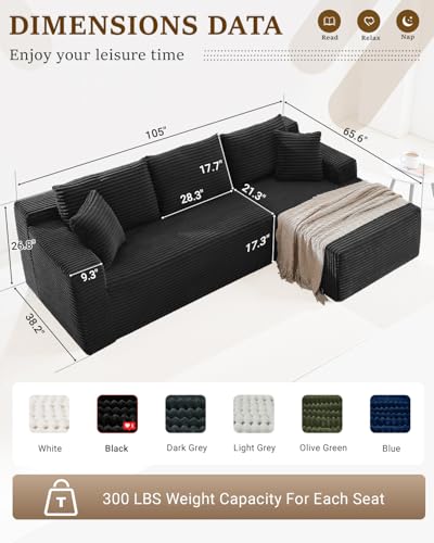 105 Inch Cloud Sectional Couch,Modern Modular Sectional Sofa with Deep Seat,Corduroy Boneless Couches with L-Shape Chaise for Living Room Bedroom