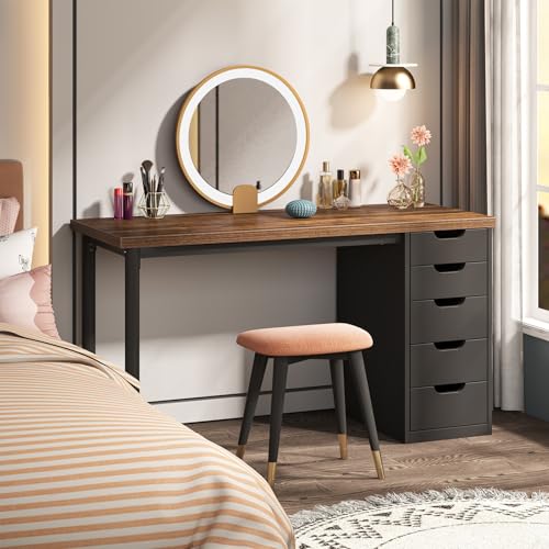 Tribesigns 47 inches Vanity Desk with 5 Drawers, Rustic Brown Makeup Vanity Table Dressing Table with Storage, Modern Simple Computer Desk for Women
