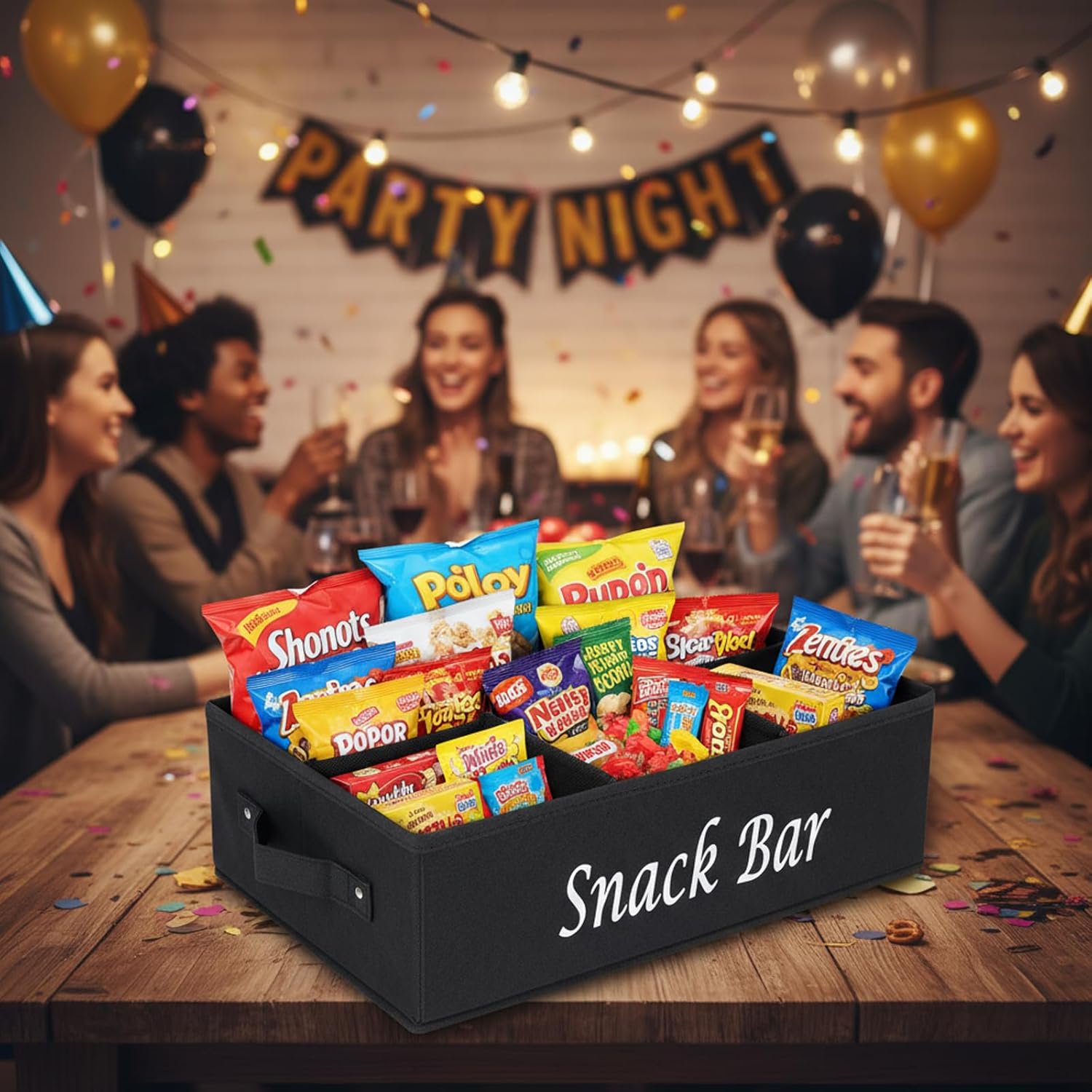 Snack Organizer for Countertop, Fabric Snack Organizer with Handles, 6 Compartment Snack Container Candy Storage, Foldable Snack Basket Tray