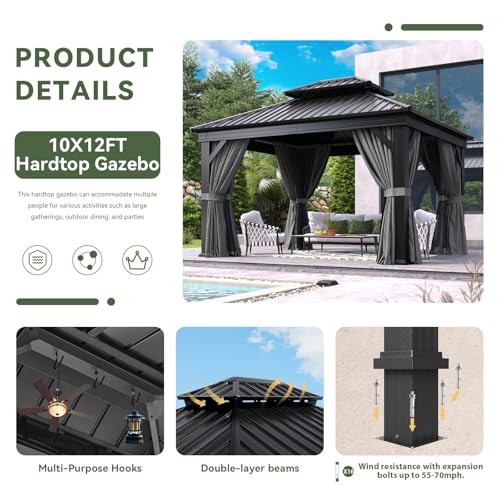Aoxun 10' X 12' Hardtop Gazebo, Aluminum Outdoor Gazebo with Galvanized Steel Double Top Canopy