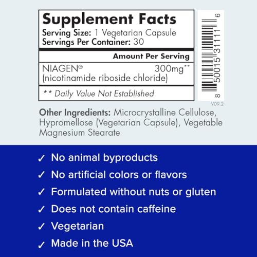TRU NIAGEN Patented NAD+ Supplement for Anti Aging and Cell Regeneration, 300 mg Niagen, 90 Servings | Supports Cellular Energy, Brain