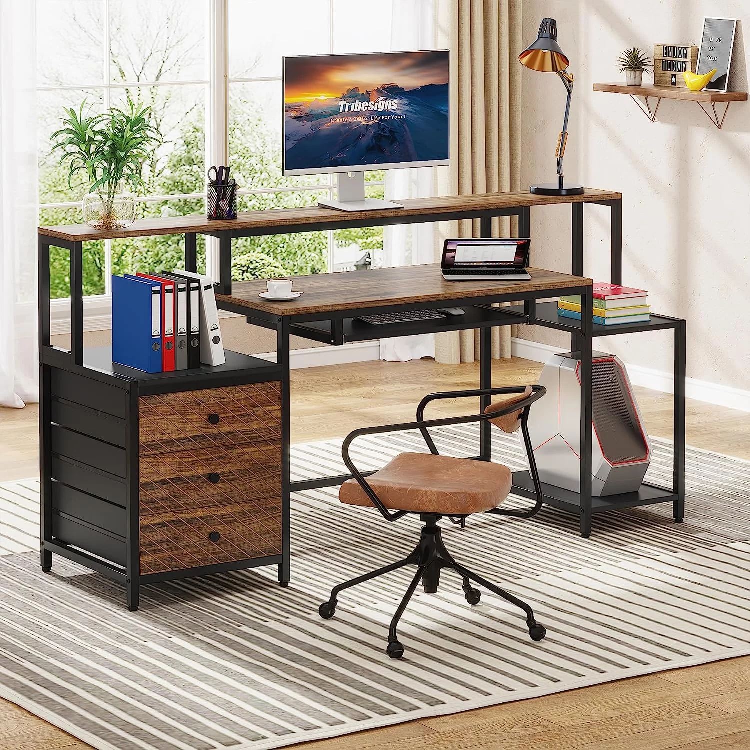 Tribesigns Computer Desk with 3 Drawers, Industrial 63 inches Home Office Desk with Monitor Shelf, Vintage Brown