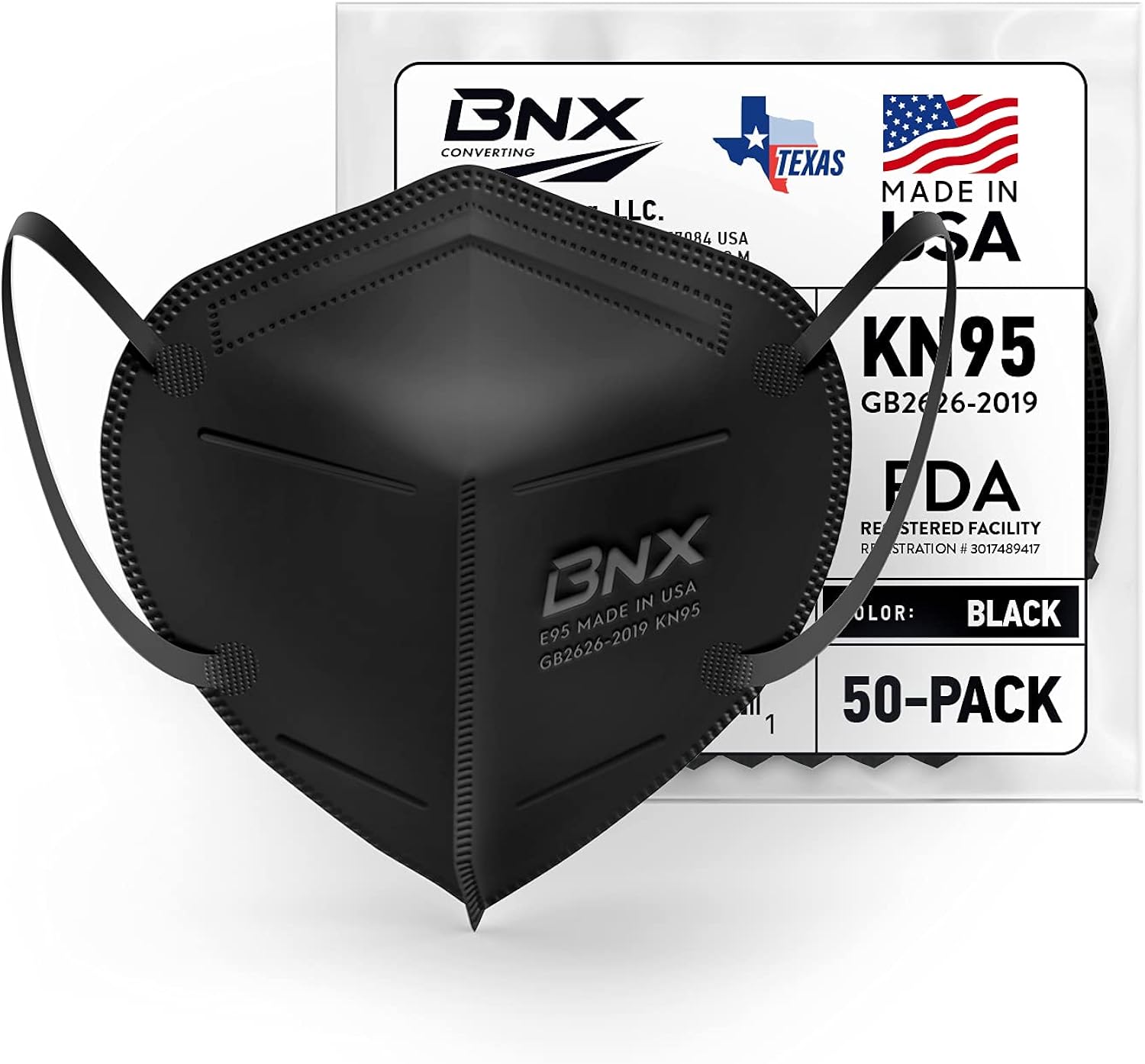 BNX KN95 Face Mask Made in USA (50-Pack), FDA Registered KN95 Mask Disposable Particulate Respirator, GB2626-2019, Protection Against Dust