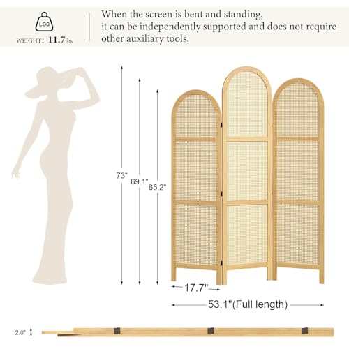 Room Divider and Folding Privacy Screens, Pine Wood 5.6 Ft Double Hinged Rattan Partition Freestanding Wall Room Divider for Home - 3 Panels