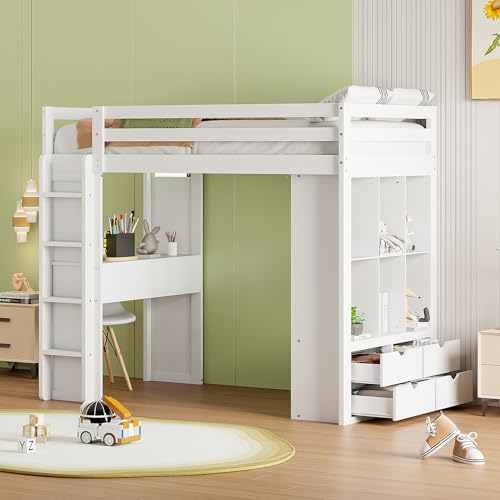 Full Size Loft Bed with Desk & Wardrobe, Solid Wood Kids Loft Bedframe w/3 Storage Drawers & 2 Shelves, Maximum Space Design, for Bedroom, Dorm, Gray