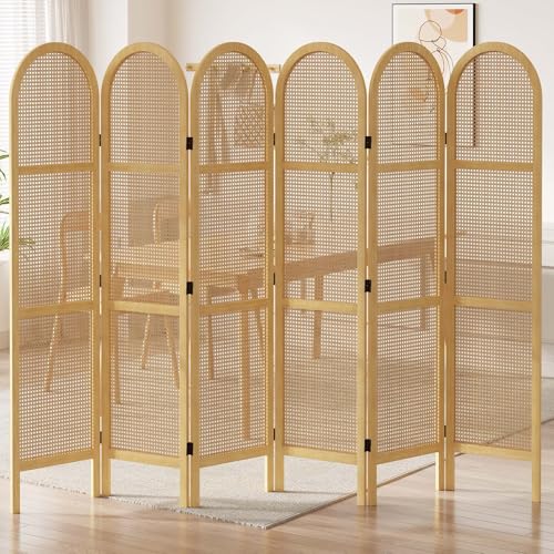 Room Divider and Folding Privacy Screens, Pine Wood 5.6 Ft Double Hinged Rattan Partition Freestanding Wall Room Divider for Home - 3 Panels