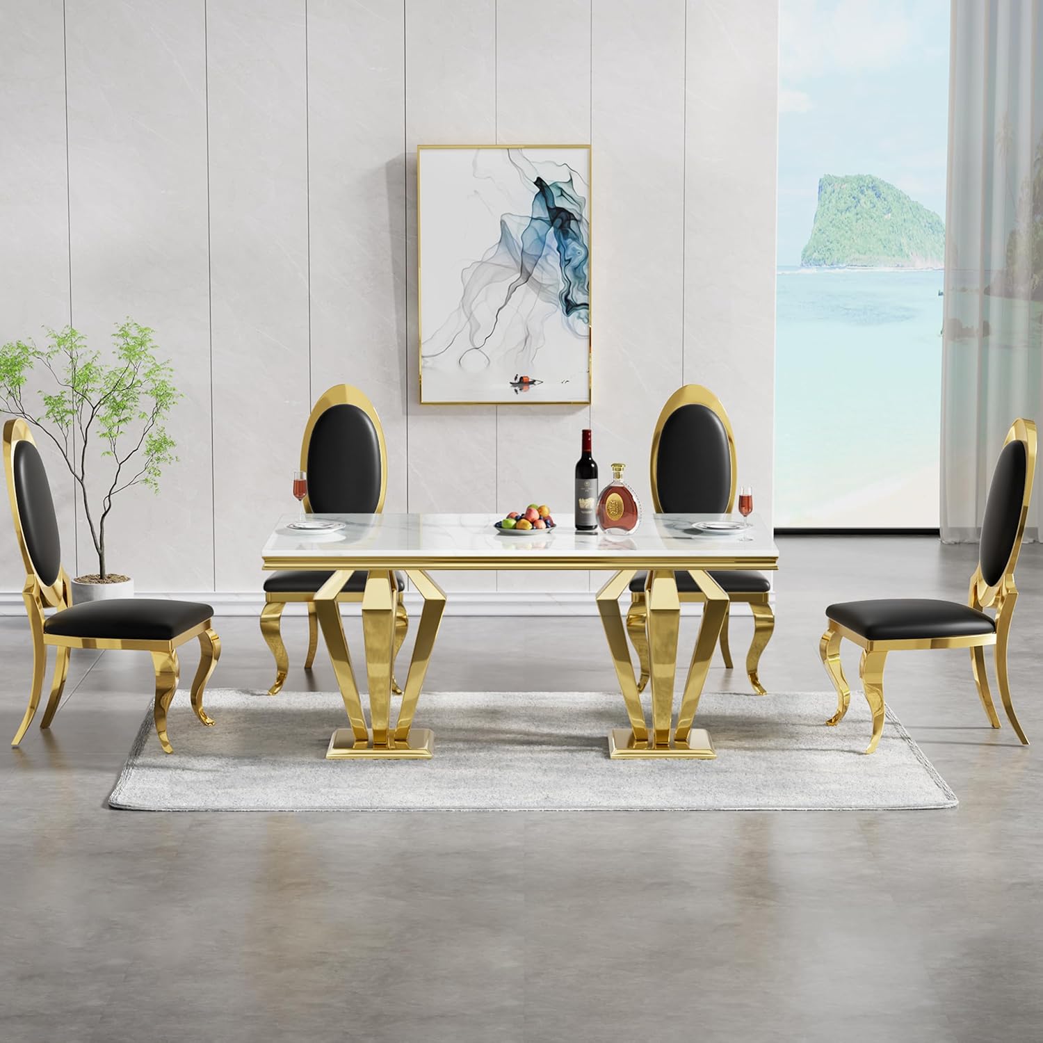 Modern Dining Room Table Set for 4, Marble Dining Table Set for 4, 70" White Gold Marble Dining Table with Oval Backrest Black Leather Chairs