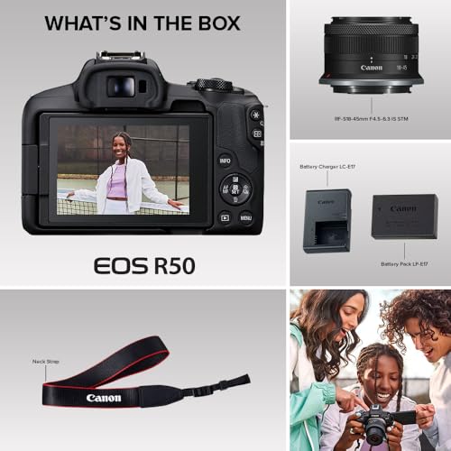 Canon EOS R50 Mirrorless Camera RF-S18-45mm F4.5-6.3 is STM Lens Kit, 24.2 Megapixel CMOS (APS-C) Sensor, 4K Video, Hybrid Camera, Photo and Video