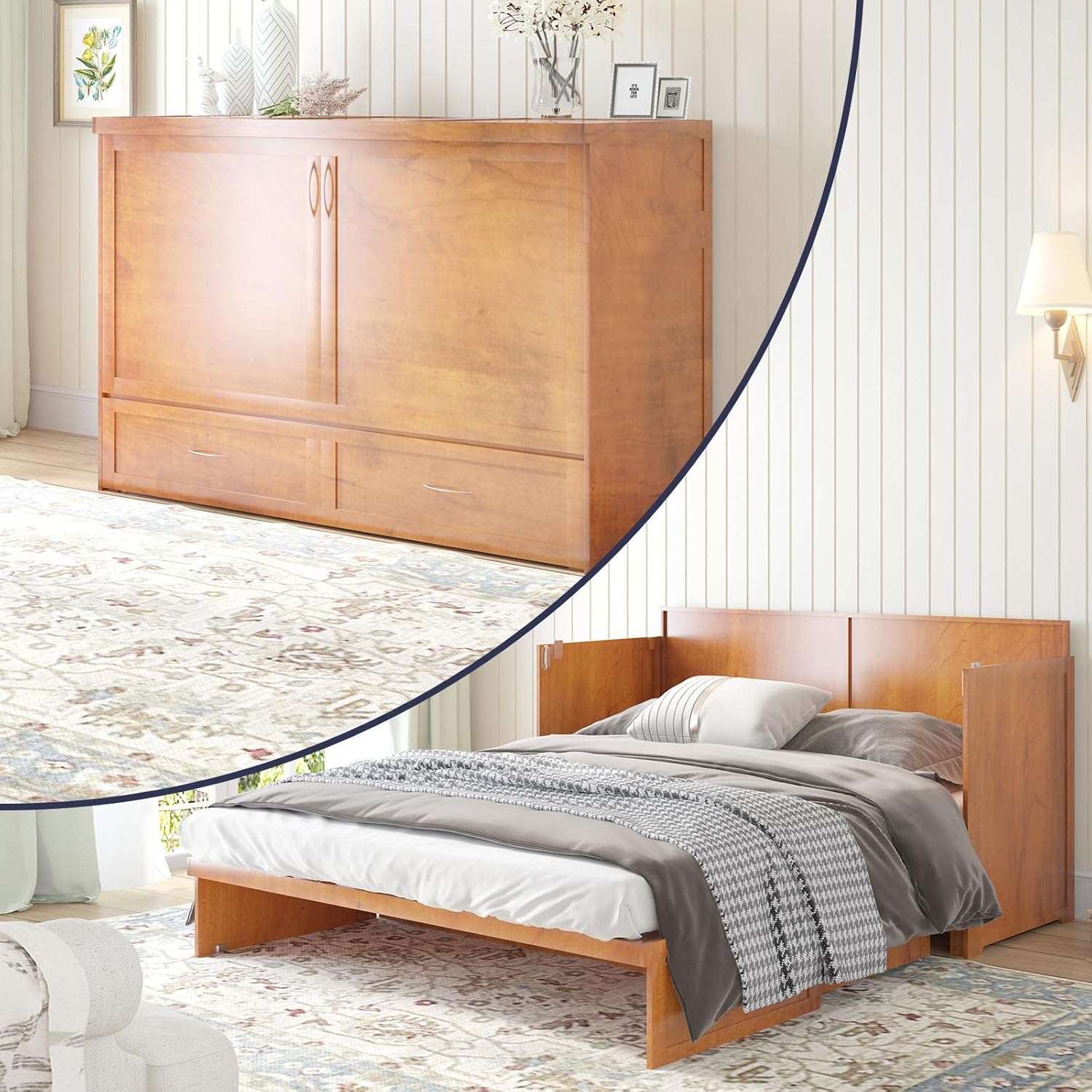 Multifunctional Murphy Cabinet Bed with Built-in USB Power Strip& 2 Drawers, Foldable Platform Bed - Cherry