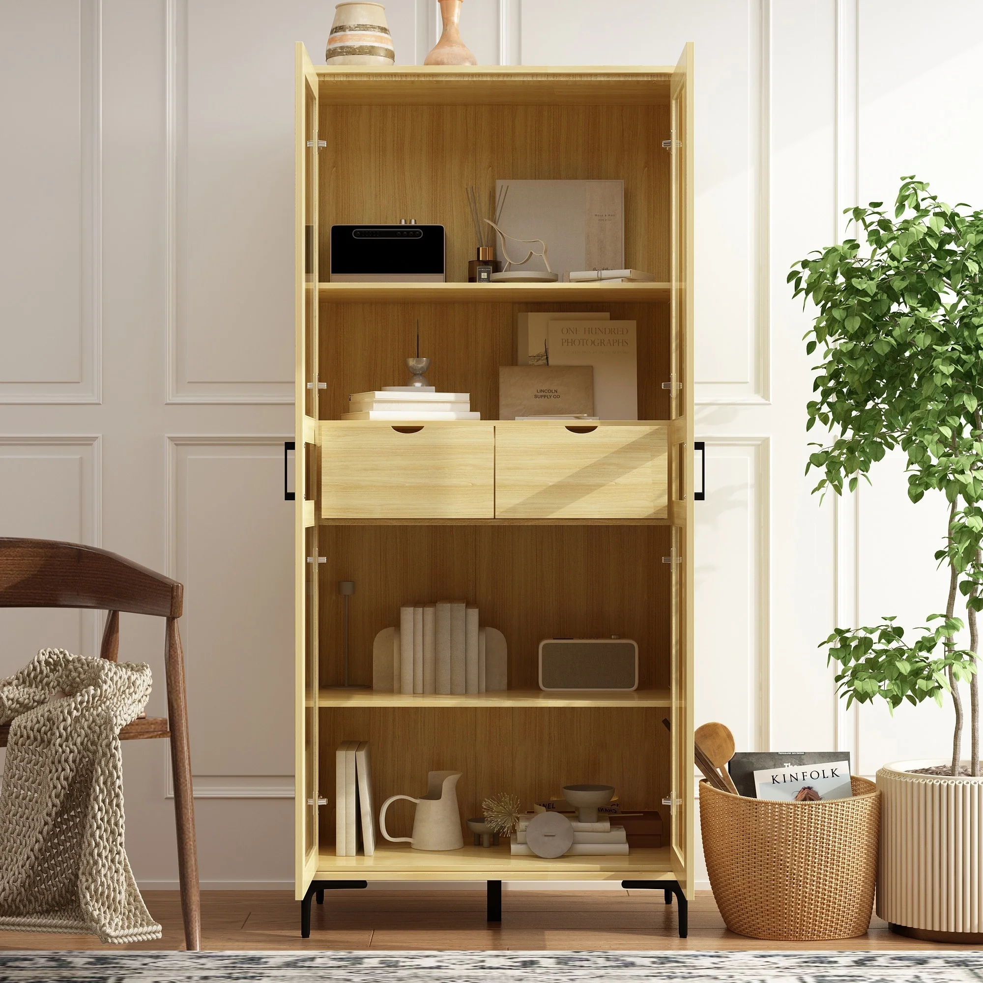 Glass Door Curio Cabinet - Light Wood Finish Home Storage Bookshelf - 31.5"x70.9"
