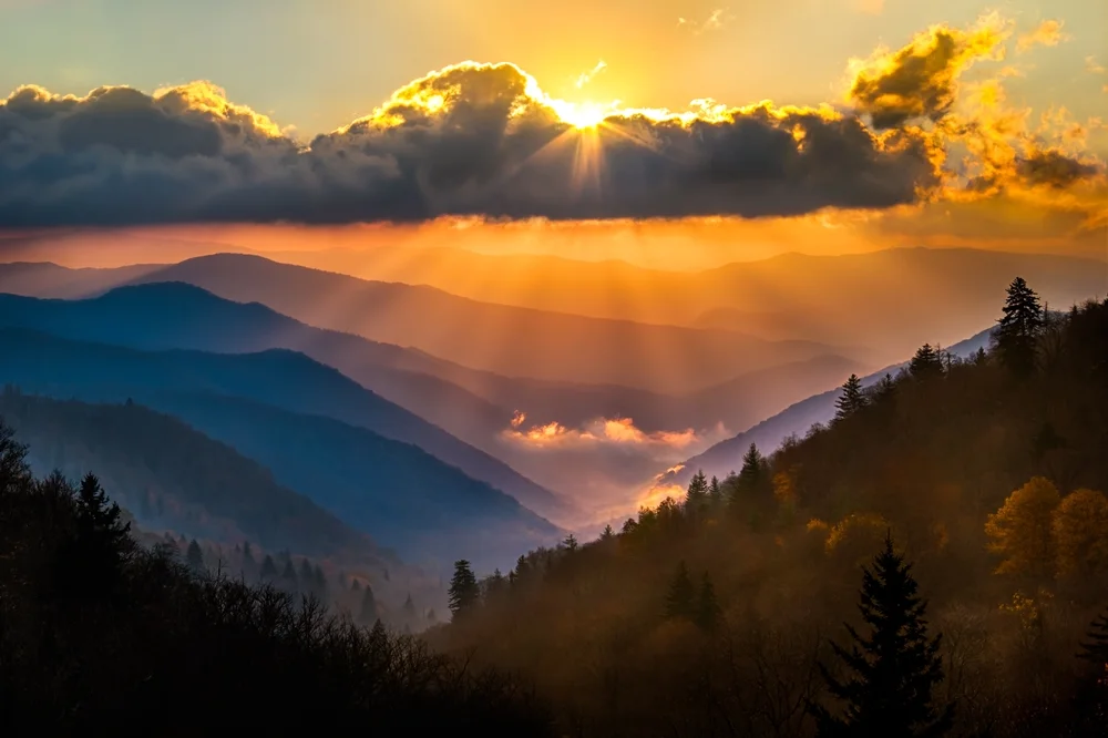 Smoky Mountain Wall Art Sunrise Over Blue Ridge Mountains Scenic Painting Gallery Wrapped Canvas Art Ready to Hang