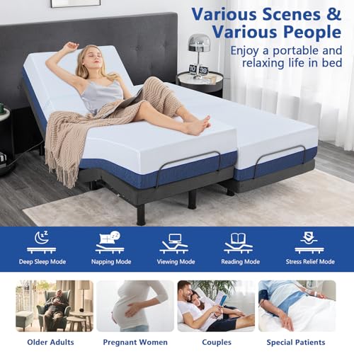 Split King Adjustable Bed Frame with Mattress, 12 Inch Grey Gel Memory Foam Medium-Firm Mattress in Box