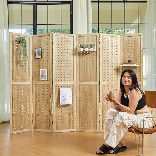 Room Divider Freestanding Folding Pegboard Privacy Screen | 4-Panel Display Stand for Jewelry, Craft Shows, Retail | Natural Wood